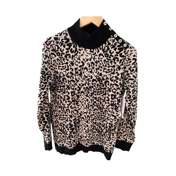 Calvin Klein Cheetah Print Mock Neck Button Shoulder Sweater Top NWT Size S - Picture 1 of 8